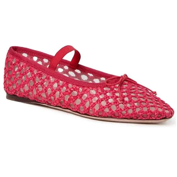 Loeffler Randall Leonie Mary Jane Ballet Flats Size 8 Red Raffia Mesh Bow NEW - Picture 3 of 16